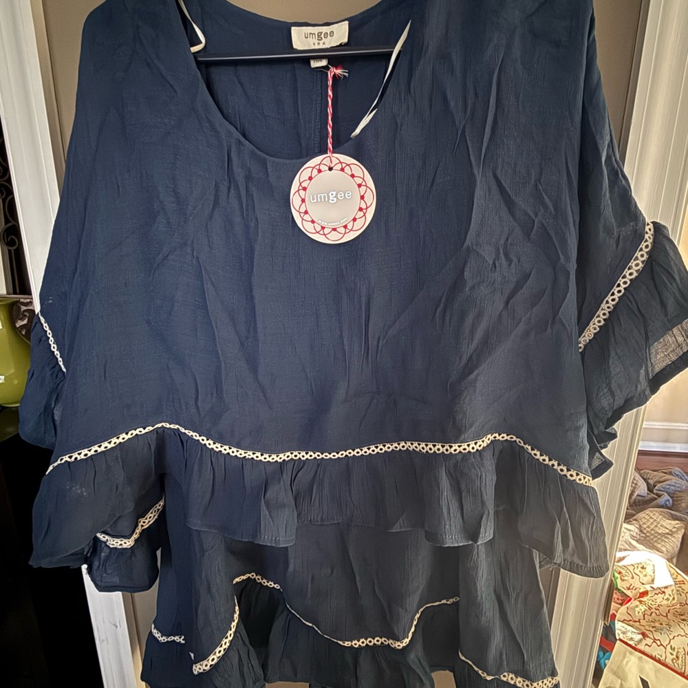 Umgee Navy Ruffle Tiered Tunic with Contrast Trim